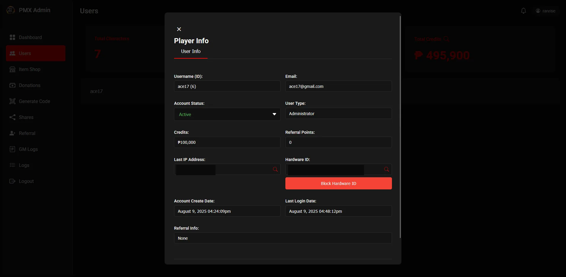 Admin User — User Info