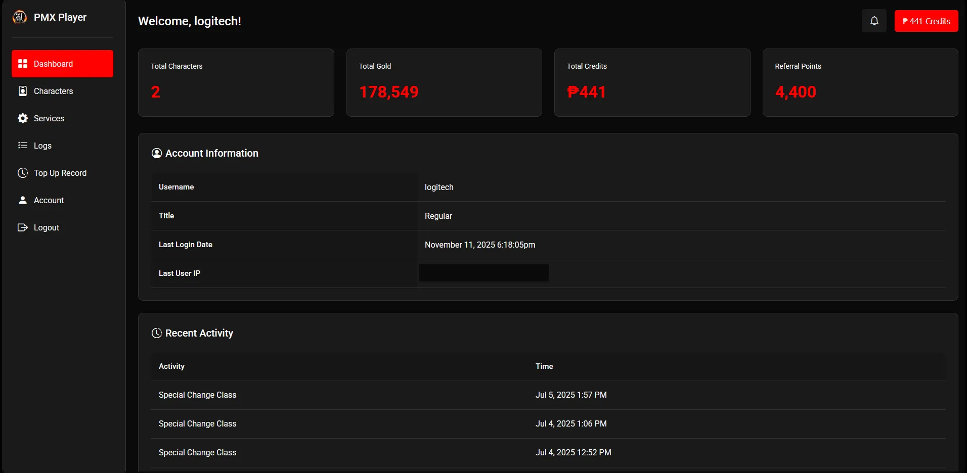 Player Dashboard