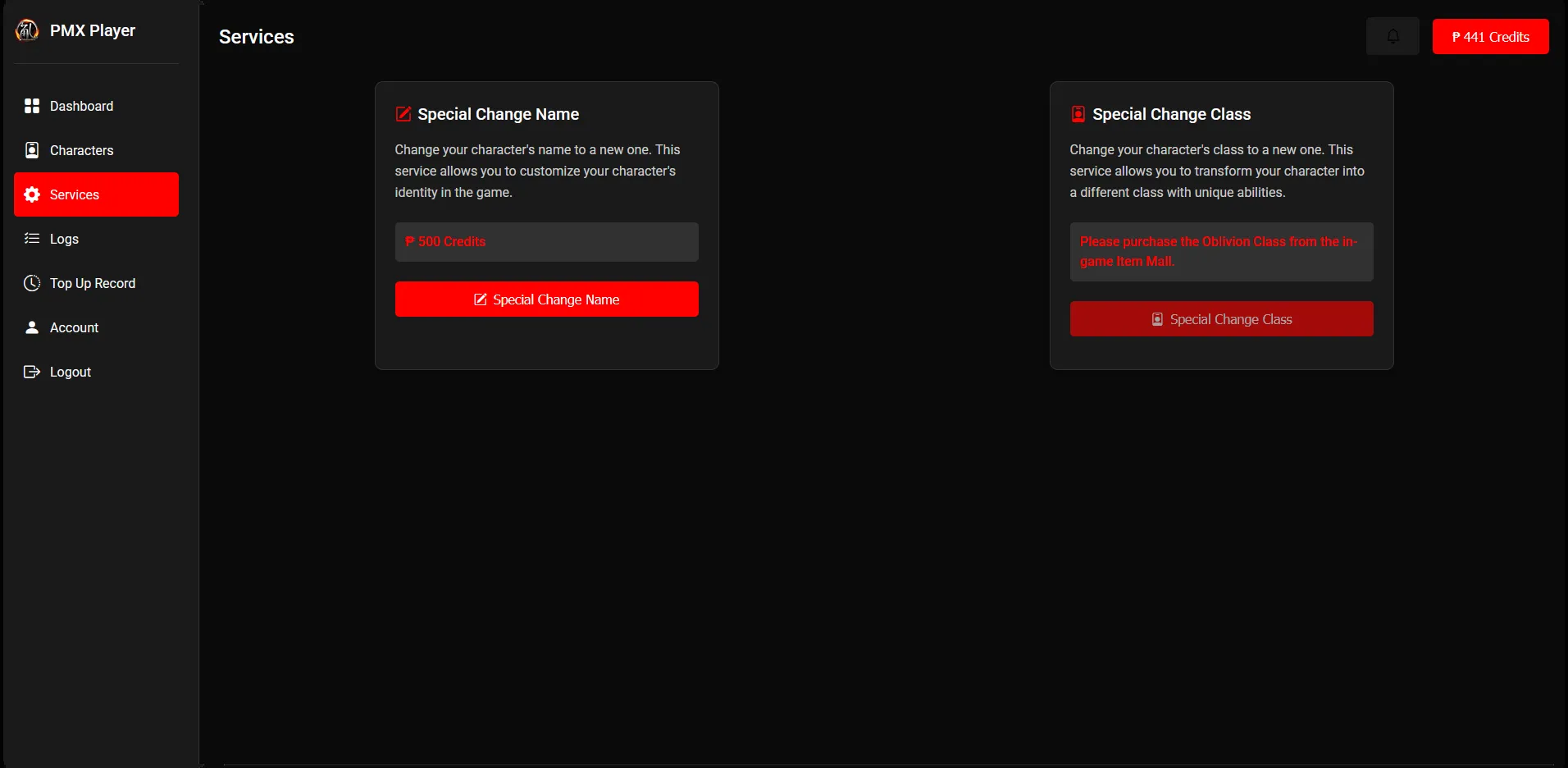 Player Services Menu