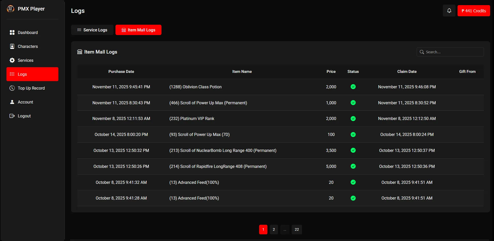 Player Logs (Item Mall)