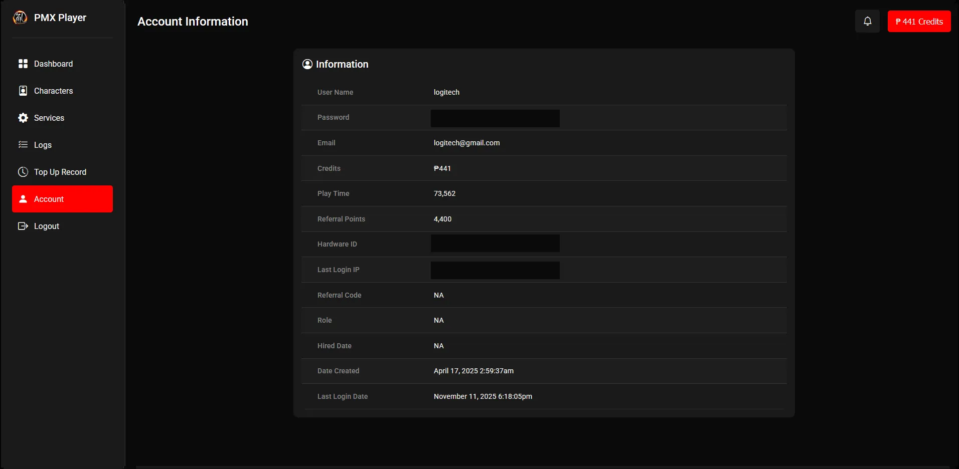 Player Account Menu